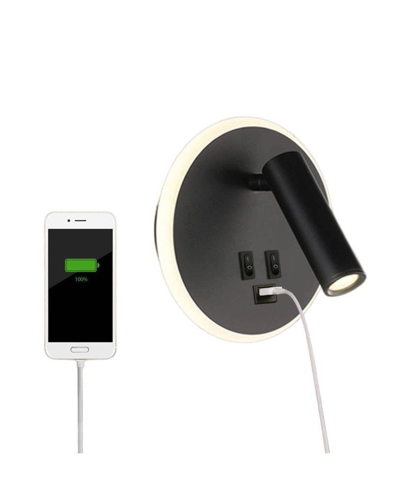 Ścienna Lampka Nocna z Gniazdem USB 3000K Czarna