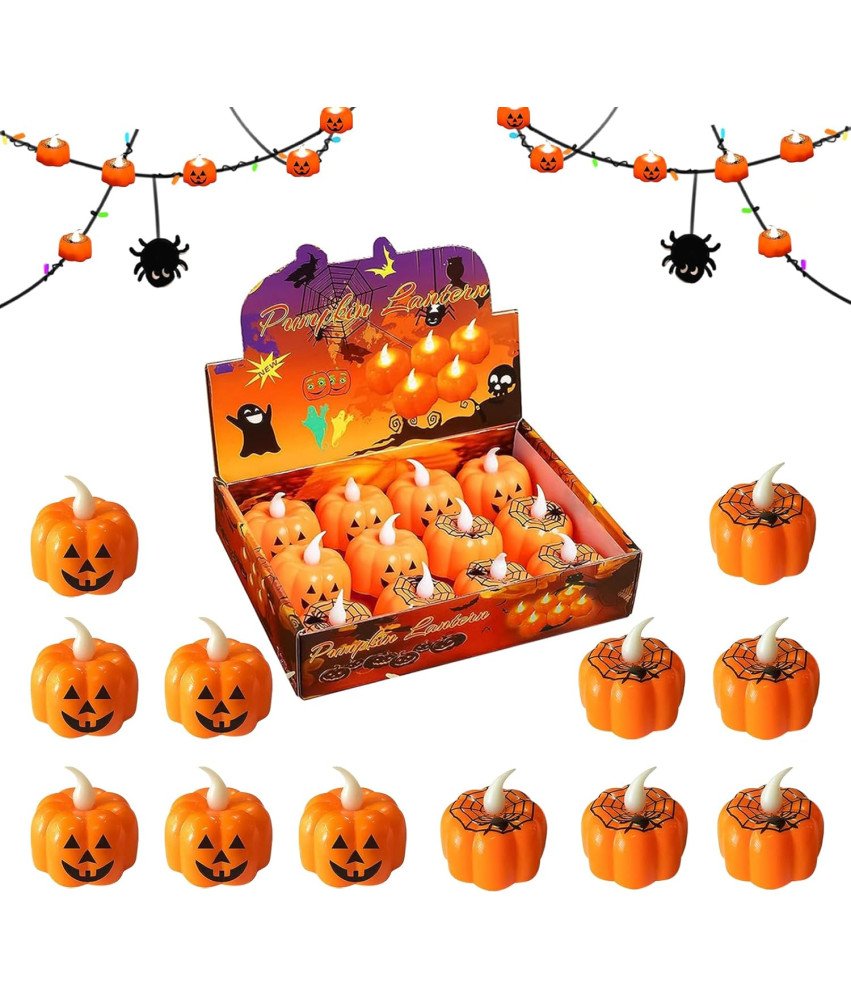 Świece LED Halloween Dynia 12 sztuk 45 x 45 mm Pomarańczowe Bezpłomieniowe