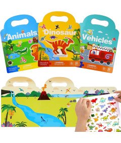 Książeczki z Naklejkami dla Dzieci Dinozauzy Pojazdy Zwierzęta 3 szt