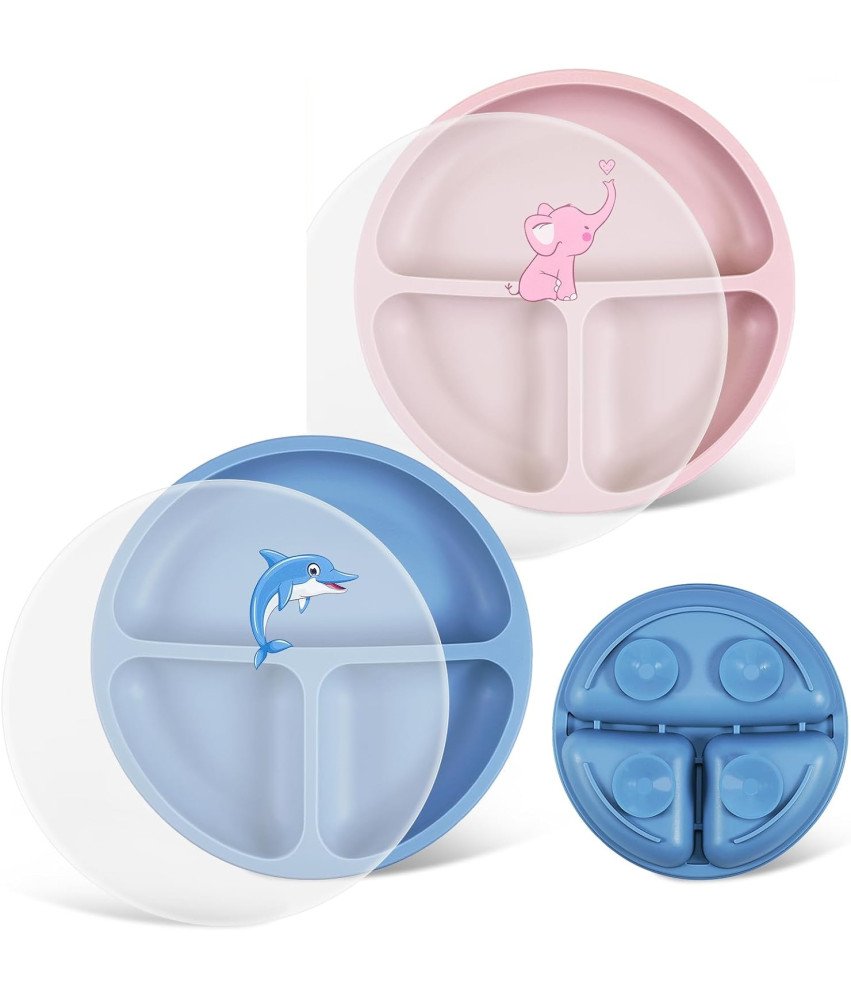 NesriToy Silikonski otroški krožniki s priseskom in pokrovom 2 kosa