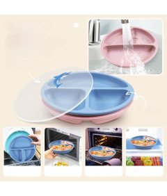 NesriToy Silikonski otroški krožniki s priseskom in pokrovom 2 kosa