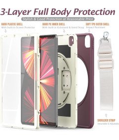 Etui do iPad Pro 11/Air 5/4 z Podstawką i Paskiem na Ramię Bordowe