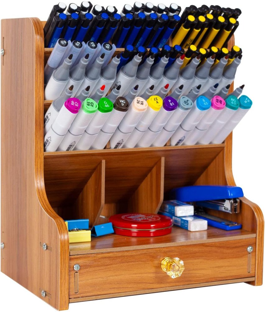 Večnamenski leseni organizator za pisalno mizo s predalom 20x15x25 cm