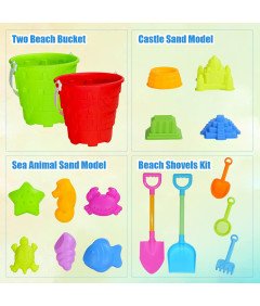 Vedro z grabljami, kalupi, pesek, igralni set 17 kosov