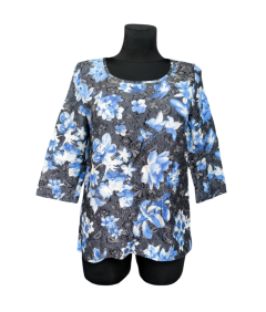 ESPRIT Koszulka na Długi Rękaw Damska Wygodna Czarna w Niebieskie Kwiaty Rozmiar 38