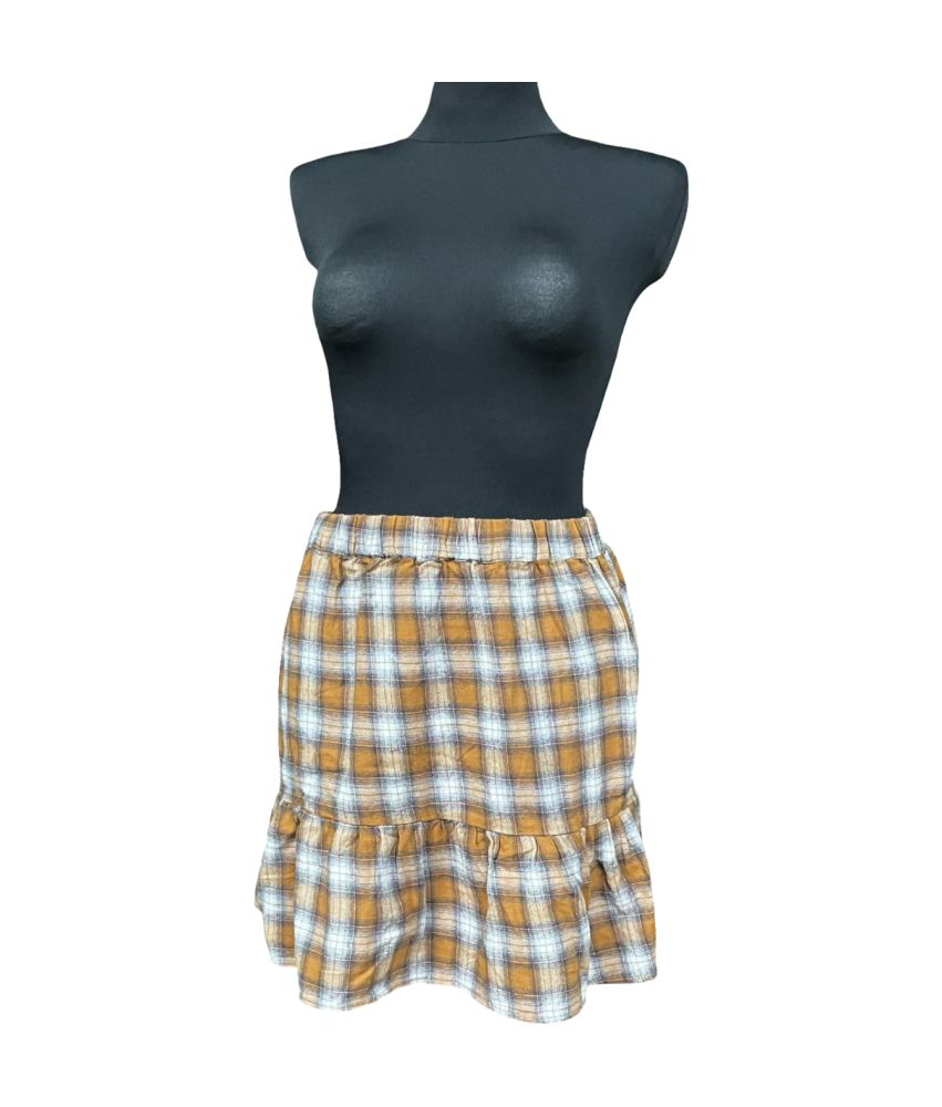 Modström Spódnica Midi Wygodna Stylowa Żółto Biała w Kratkę Rozmiar S