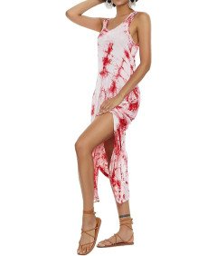 Alcea Rosea Damska Satynowa Sukienka, Biało-Czerwona, Rozmiar XL