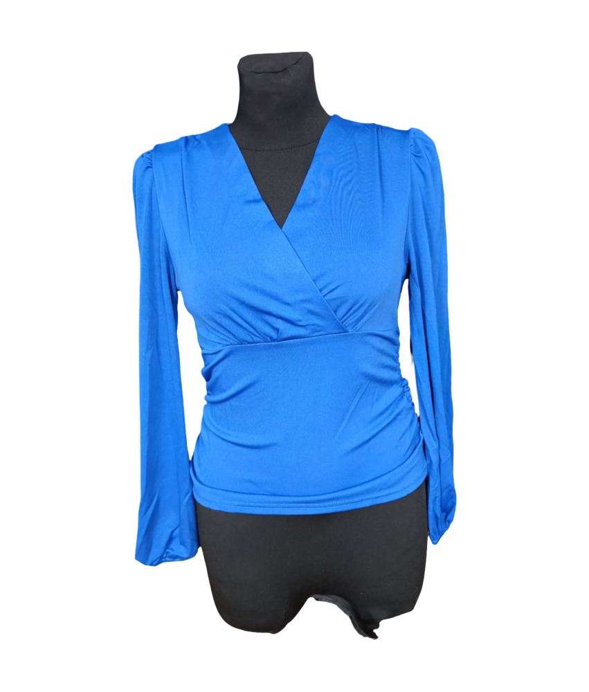Elegantna ženska bluza z dolgimi rokavi in V-izrezom Modra S