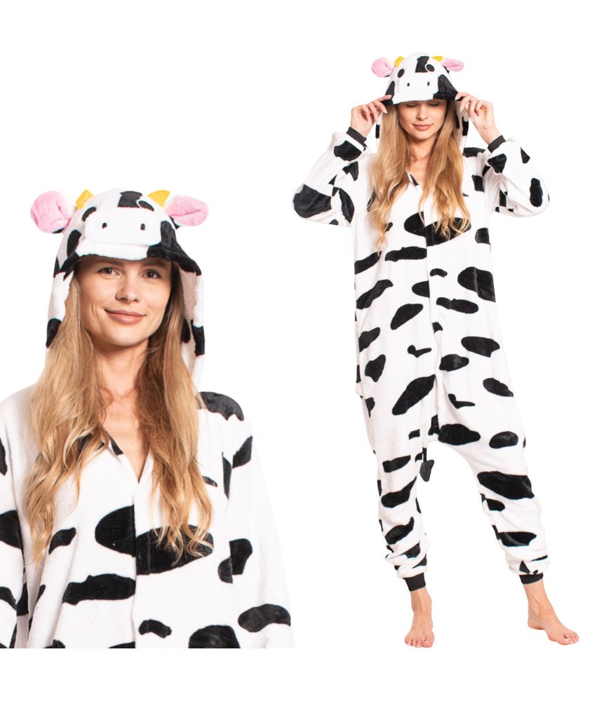 Ženska pižama kombinezon Kigurumi Onesie krava belo črna