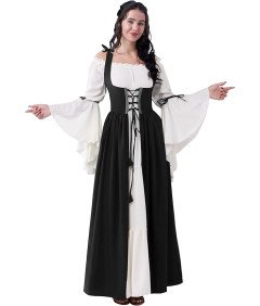 Średniowieczna Renesansowa Sukienka Gorset Rękaw Trąbkowy Czarno-Biała L