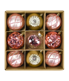 Bombki Choinkowe z Zawieszkami Nietłukące Ozdobne Złote Różowe 8 cm 9 szt