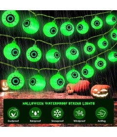 JSUEU Łańcuch Świetlny Halloween 5 m 30 LED Zielone Gałki Oczne 8 Trybów