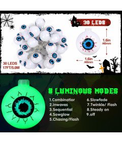 JSUEU Łańcuch Świetlny Halloween 5 m 30 LED Zielone Gałki Oczne 8 Trybów