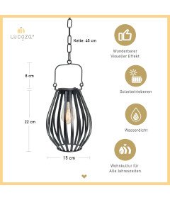 LUCOZA Wisząca Lampa Solarna Ogrodowa Metalowa z Łańcuchem IP44 Retro