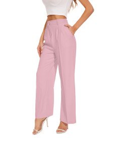 FUNYYZO Spodnie Damskie z Wysokim Stanem Szerokie Nogawki Różowe M