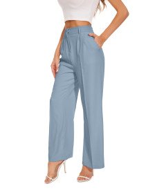 FUNYYZO Ženske hlače z visokim pasom, široke hlačnice, svetlo modre, S
