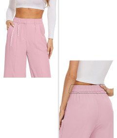 FUNYYZO Ženske hlače z visokim pasom, široke hlačnice, roza, XL