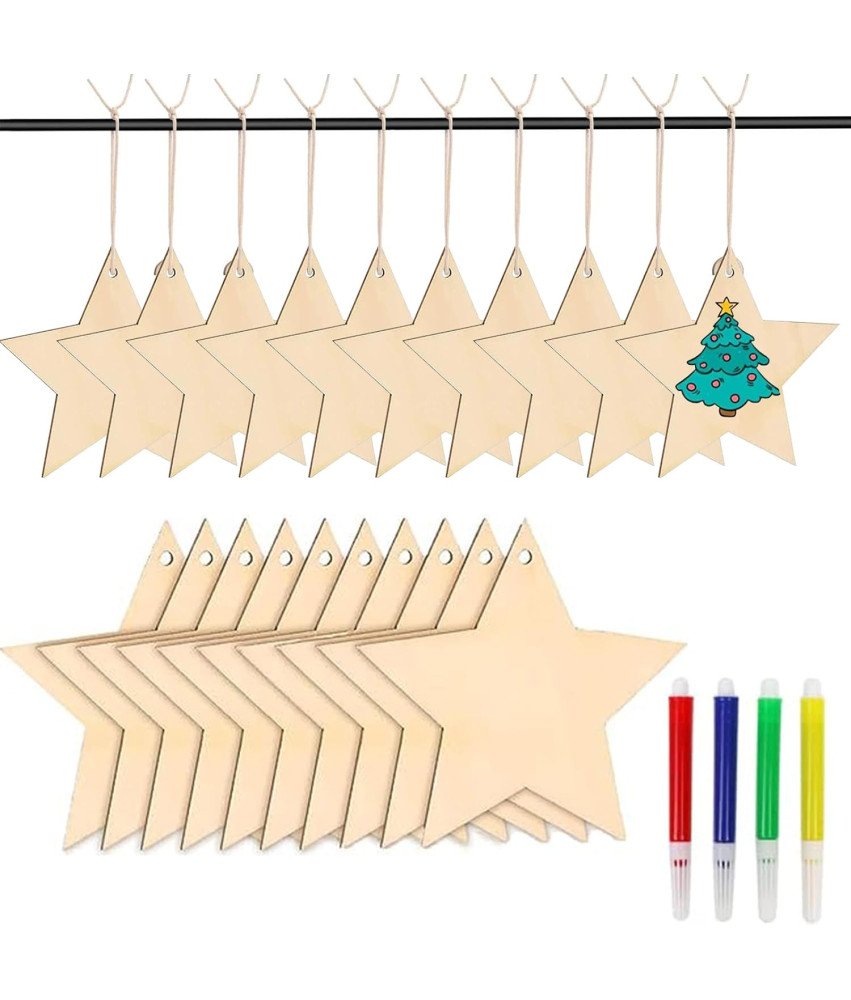 Drewniane Gwiazdki Bożonarodzeniowe z Zawieszkami 36 Sztuk Do Malowania