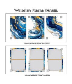 Set 3 slik na platnu v lesenem okvirju 120x60 cm Zlato–Temno modra