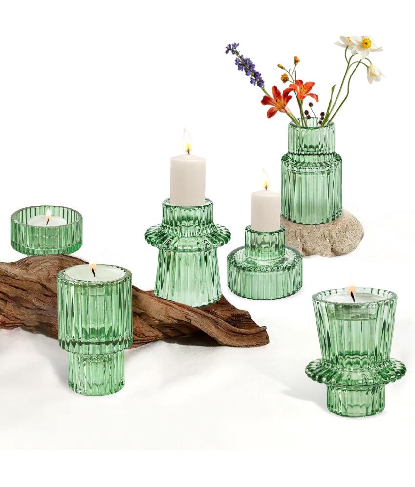 Zestaw 3 Szklanych Świeczników Zielonych w Stylu Boho Tealight Dwustronne