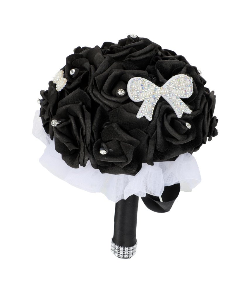 Bukiet Ślubny Sztuczny Czarne Róże z Kryształkami Dekoracja Weselna