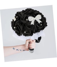 Bukiet Ślubny Sztuczny Czarne Róże z Kryształkami Dekoracja Weselna