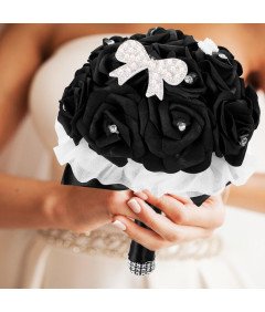 Bukiet Ślubny Sztuczny Czarne Róże z Kryształkami Dekoracja Weselna