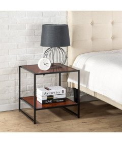 Stolik Nocny z Półką 2-Poziomowy Metalowa Rama 51x51x51 cm Czerwony Mahoń
