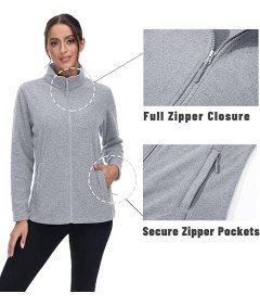 TACVASEN Damska Kurtka Polarowa Zapinana Lekka Ciepła Jasnoszara Rozmiar L
