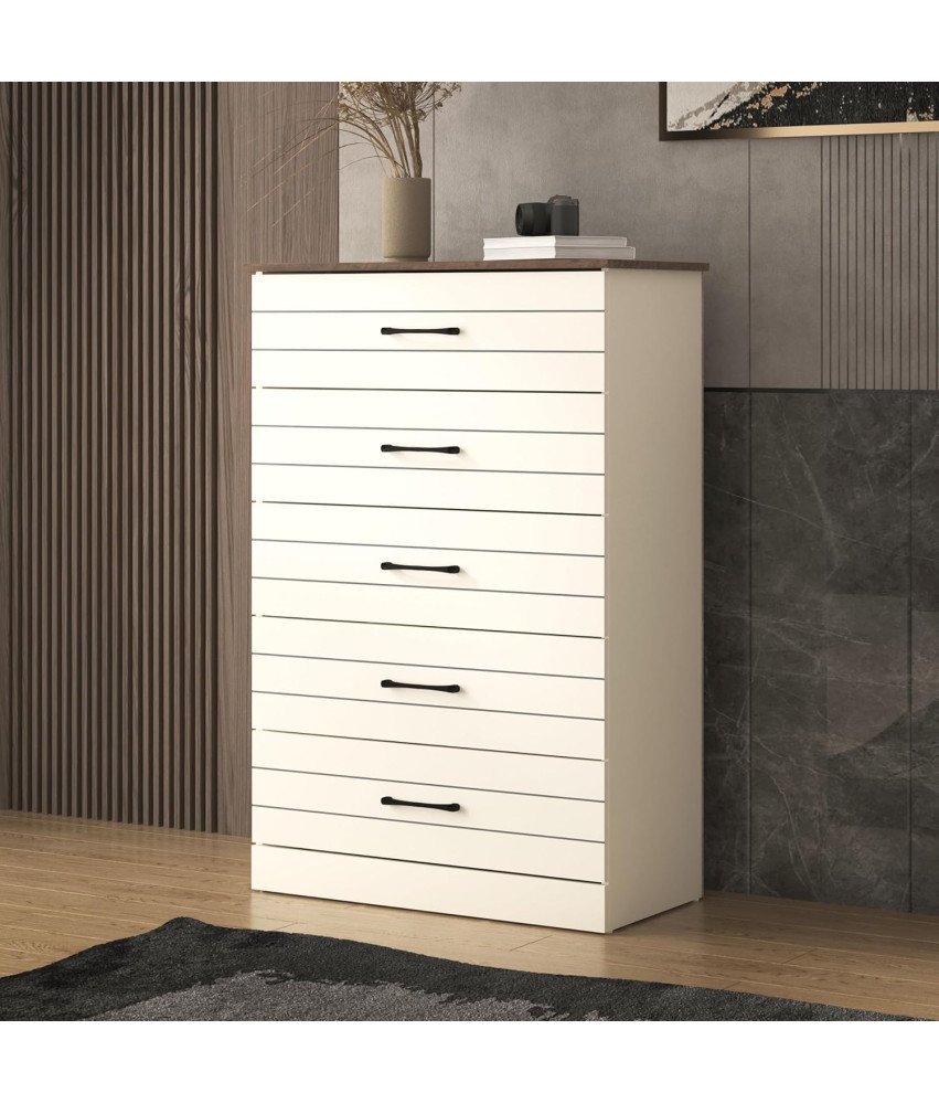 Galano Komoda z 5 Szufladami Szafa Biała Blat w Kolorze Dębu 120x40x80 cm