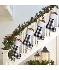 Zestaw 6 Skarpet Świątecznych w Kratkę na Boże Narodzenie 46cm Czarno-białe