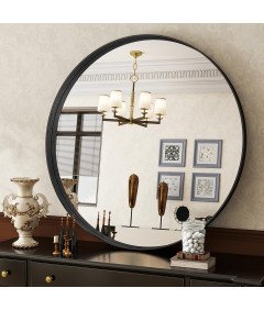 Koonmi Lustro Okrągłe Głęboka Rama Aluminiowa Szkło Hartowane 81cm Czarne