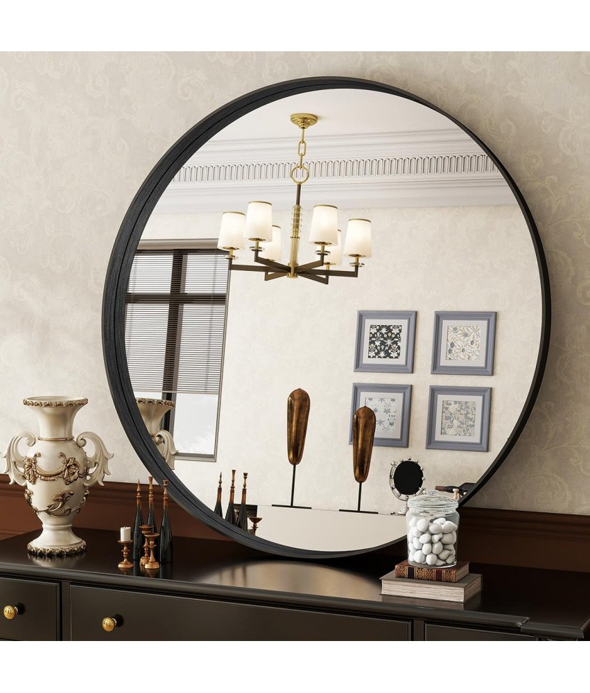 Koonmi Lustro Okrągłe Głęboka Rama Aluminiowa Szkło Hartowane 81cm Czarne