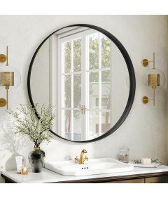 Koonmi Lustro Okrągłe Głęboka Rama Aluminiowa Szkło Hartowane 81cm Czarne