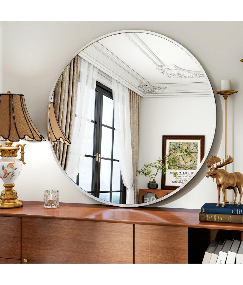 Koonmi Lustro Okrągłe Ścienne Metalowa Rama Duże 91 cm Srebrne