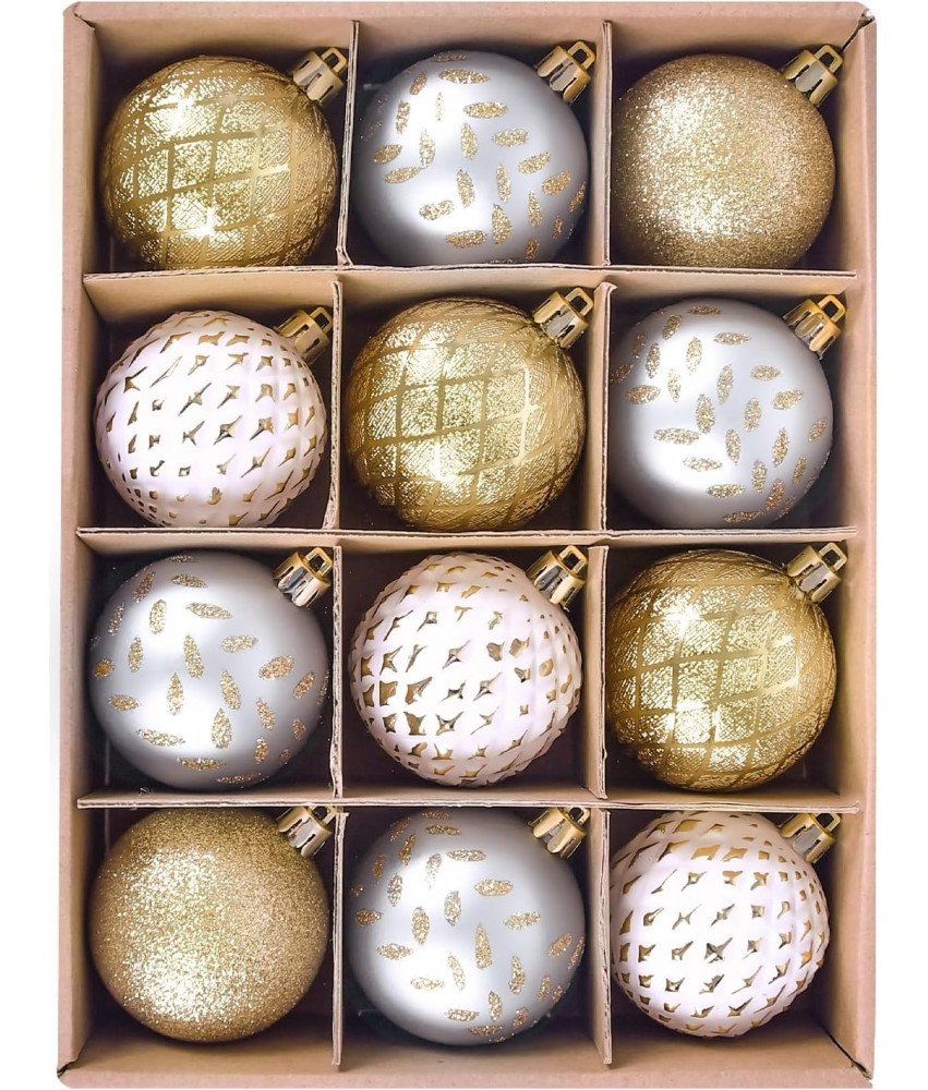 Bombki Choinkowe Zestaw 12 Sztuk Plastikowe Srebrne Złote Białe 6 cm