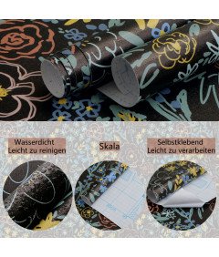 Fiula Tapeta Samoprzylepna Czarna Kolorowe Kwiaty Wodoodporna 41x300 cm