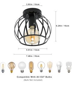 Comely Lampa Sufitowa Vintage Retro Żyrandol Metalowa E27 Czarna 16x19 cm