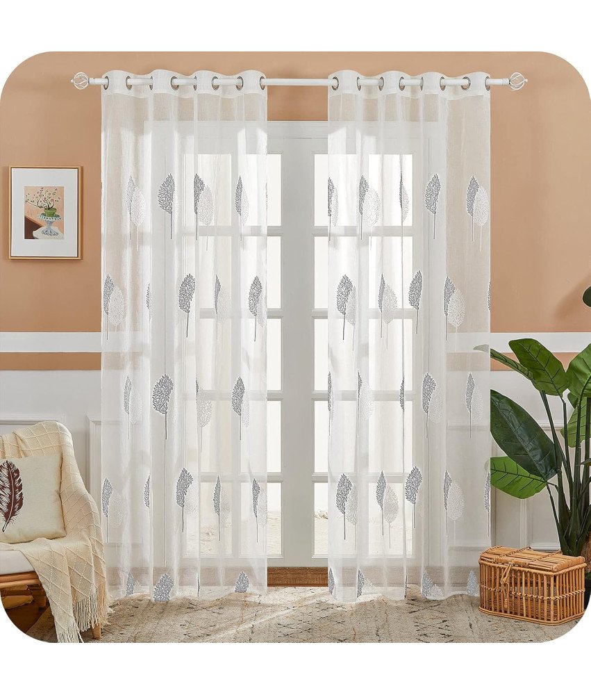 Zasłony Woalowe w Haftowane Liście Wygląd Lnu 175x140 cm 2 sztuki Białe