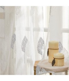 Zasłony Woalowe w Haftowane Liście Wygląd Lnu 175x140 cm 2 sztuki Białe