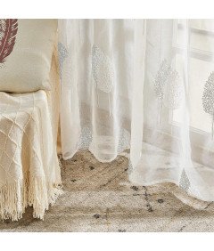 Zasłony Woalowe w Haftowane Liście Wygląd Lnu 175x140 cm 2 sztuki Białe