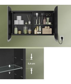 VASAGLE Szafka Lustrzana z Oświetleniem Łazienkowa 2x Gniazdka 2 Porty USB