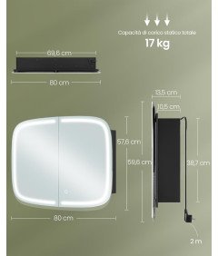 VASAGLE Ogledalna omarica z osvetlitvijo za kopalnico, 2x vtičnica, 2x USB priključek
