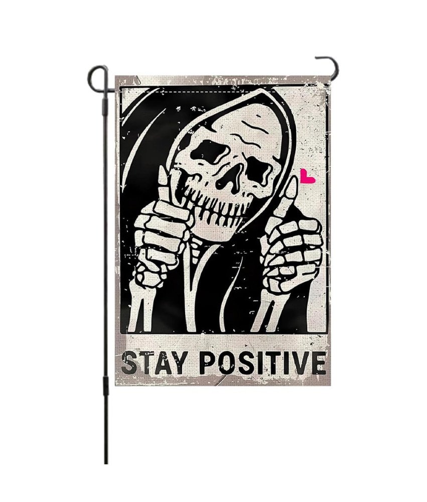 Zastava Banner Dekoracija za Noč čarovnic OSTANI POZITIVEN Okostje Lobanja 45 x 30 cm
