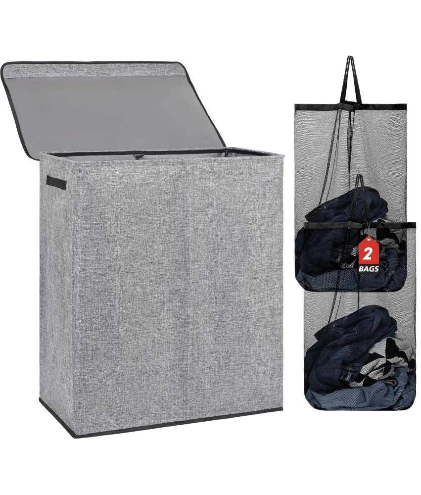 Kosz na Pranie 150L Podwójny Składany z Pokrywą Torby Wyjmowane Szary