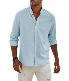 Moška srajca iz lanu in bombaža, dolgi rokavi, elegantna, za prosti čas, modra, XXL