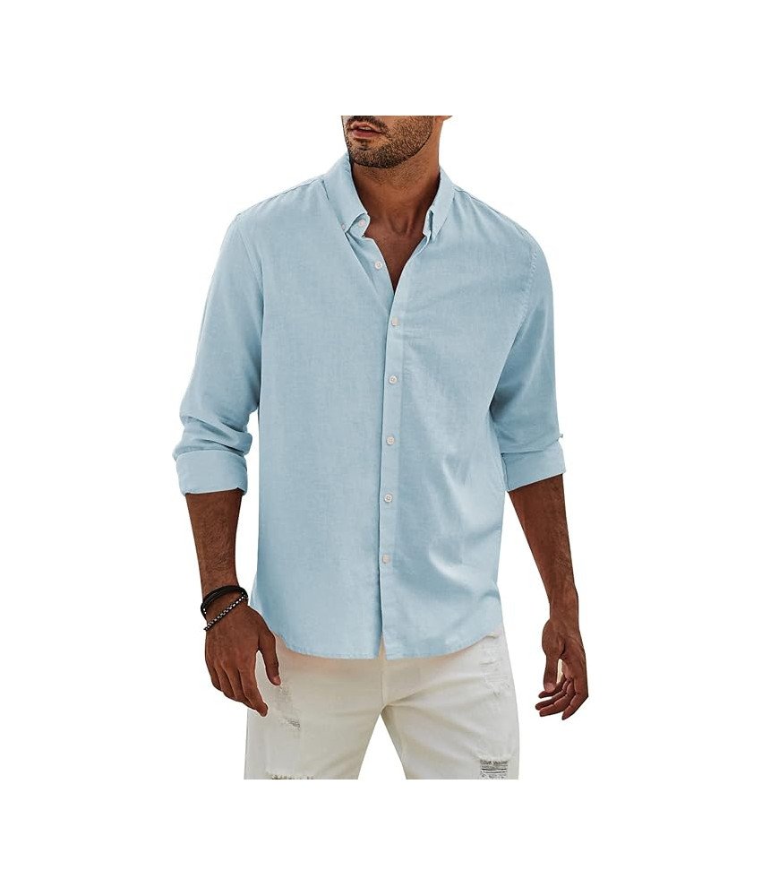 Koszula Męska Lniana z Bawełną Długi Rękaw Elegancka Casual Błękitna XXL