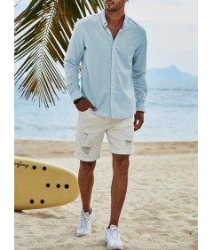 Koszula Męska Lniana z Bawełną Długi Rękaw Elegancka Casual Błękitna XXL