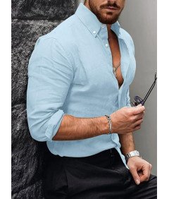 Koszula Męska Lniana z Bawełną Długi Rękaw Elegancka Casual Błękitna XXL