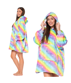 Bluza Koc Kocobluza 2w1 Oversize XXL z Kapturem Gruba Sherpa Tęczowa